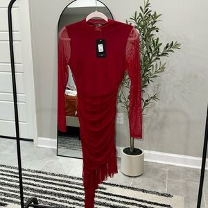Mesh high low burgundy dress